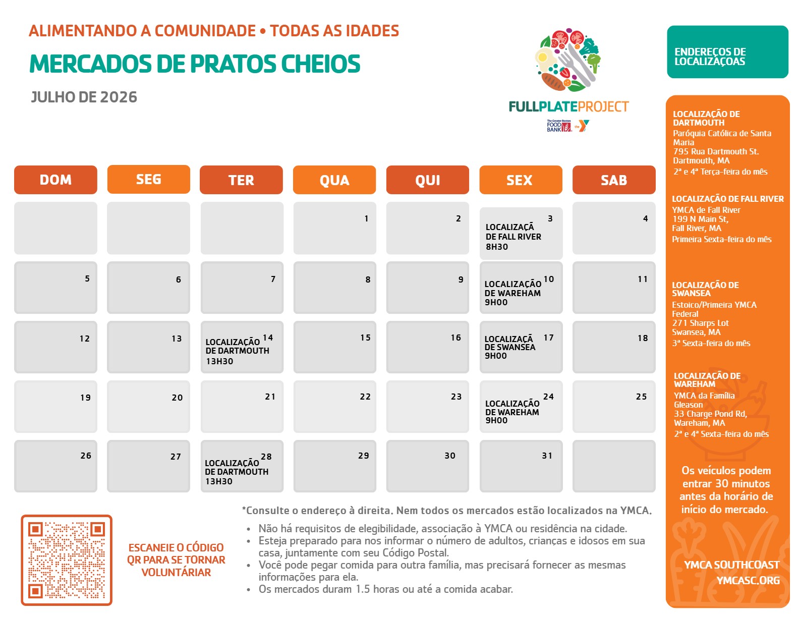 July 2026 Full Plate Project market schedule—Portuguese